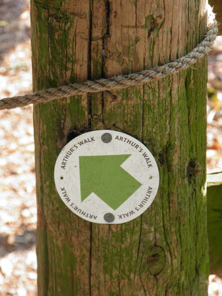 A 76mm diameter waymarker disc with a green directional arrow and black text. Mounted on a fence post