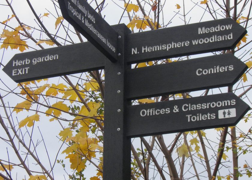 black finger post sign for parks and open spaces