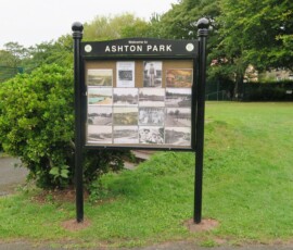 P1 Welcome park signs with display panel of local photographs